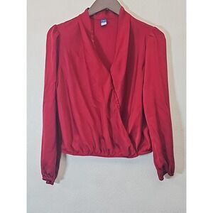 Old Navy Cross Front Top Red ‎ Satin Womens Wrap Blouse Long Sleeve Size XS